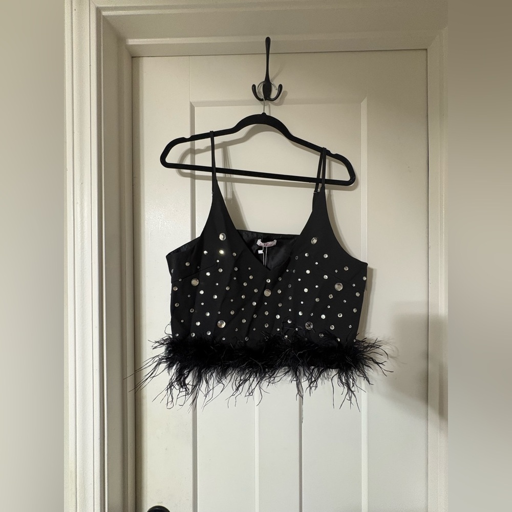 La Ros Black Feather Trim Rhinestone Crop Tank Top